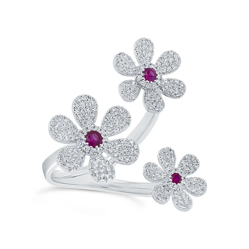 14KT GOLD 0.66 CTW RUBY & DIAMOND PAVÉ 3 FLOWER RING