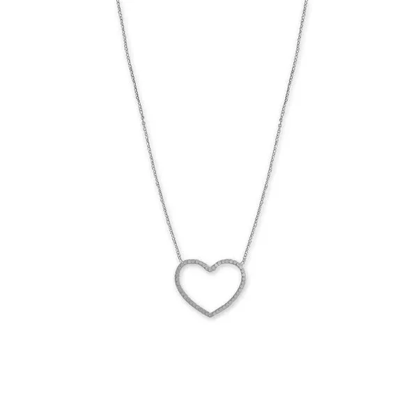 16"   2" Rhodium Plated Diamond Cut Heart Outline Necklace