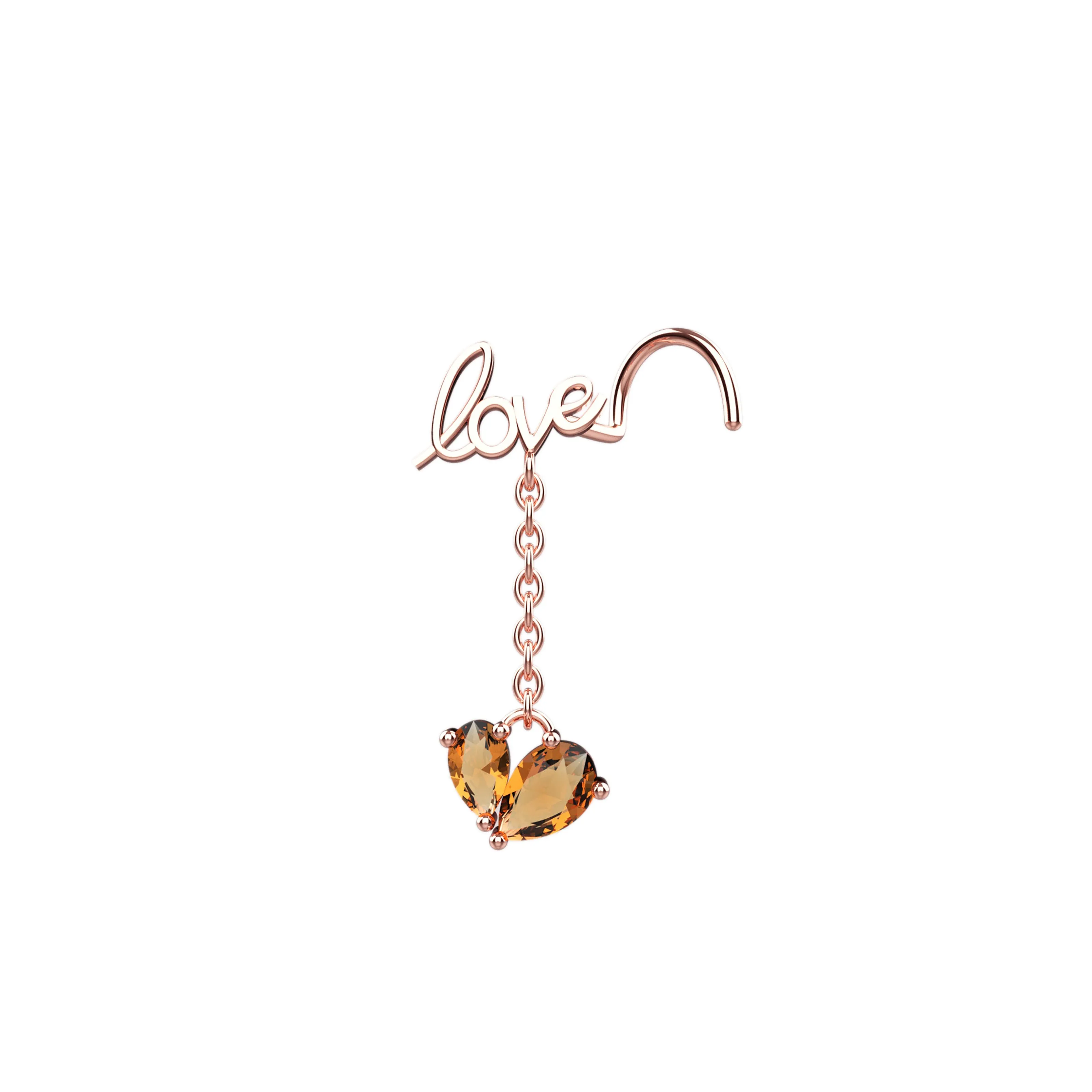 18G dainty love nose ring – 14k gold dangling chain jewelry