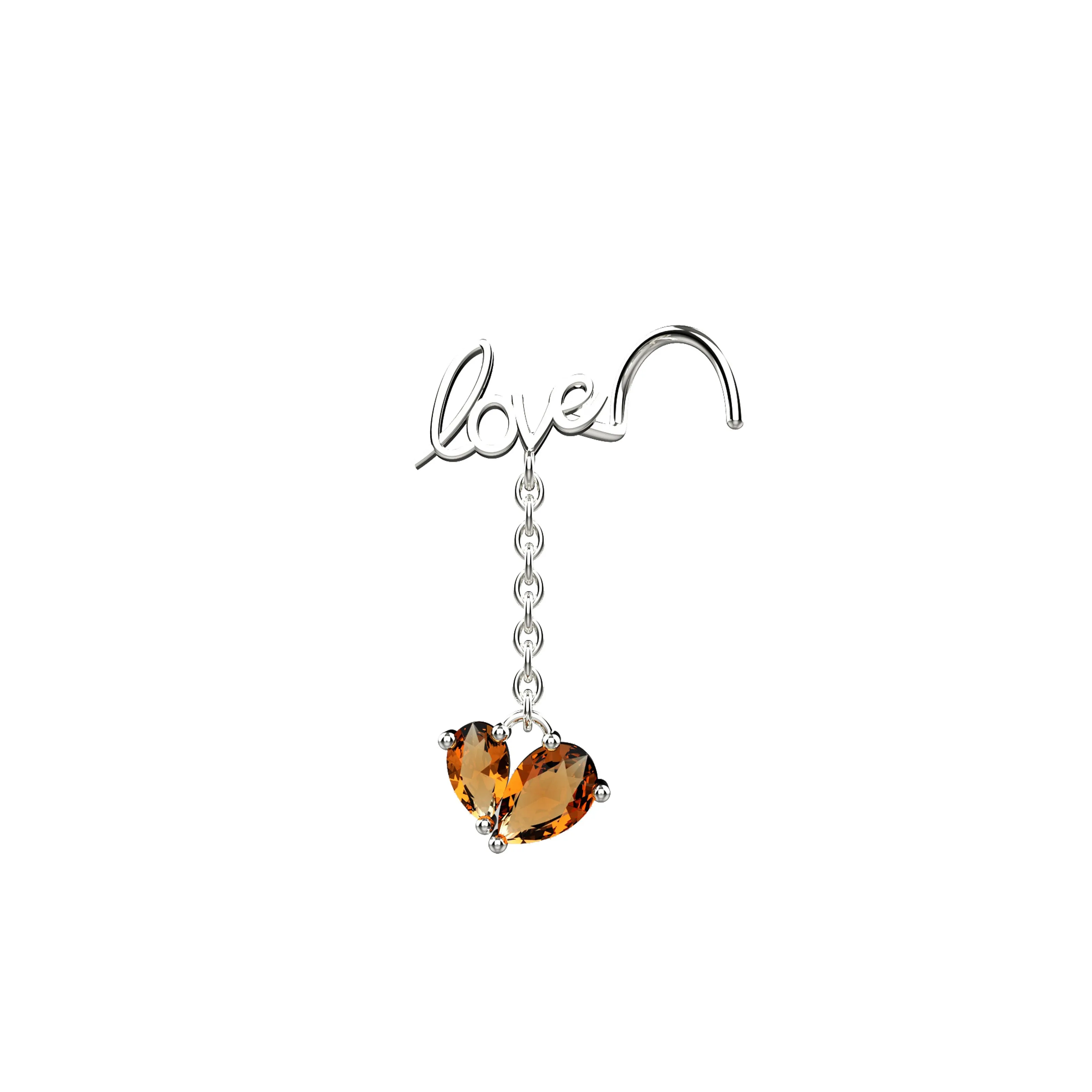 18G dainty love nose ring – 14k gold dangling chain jewelry