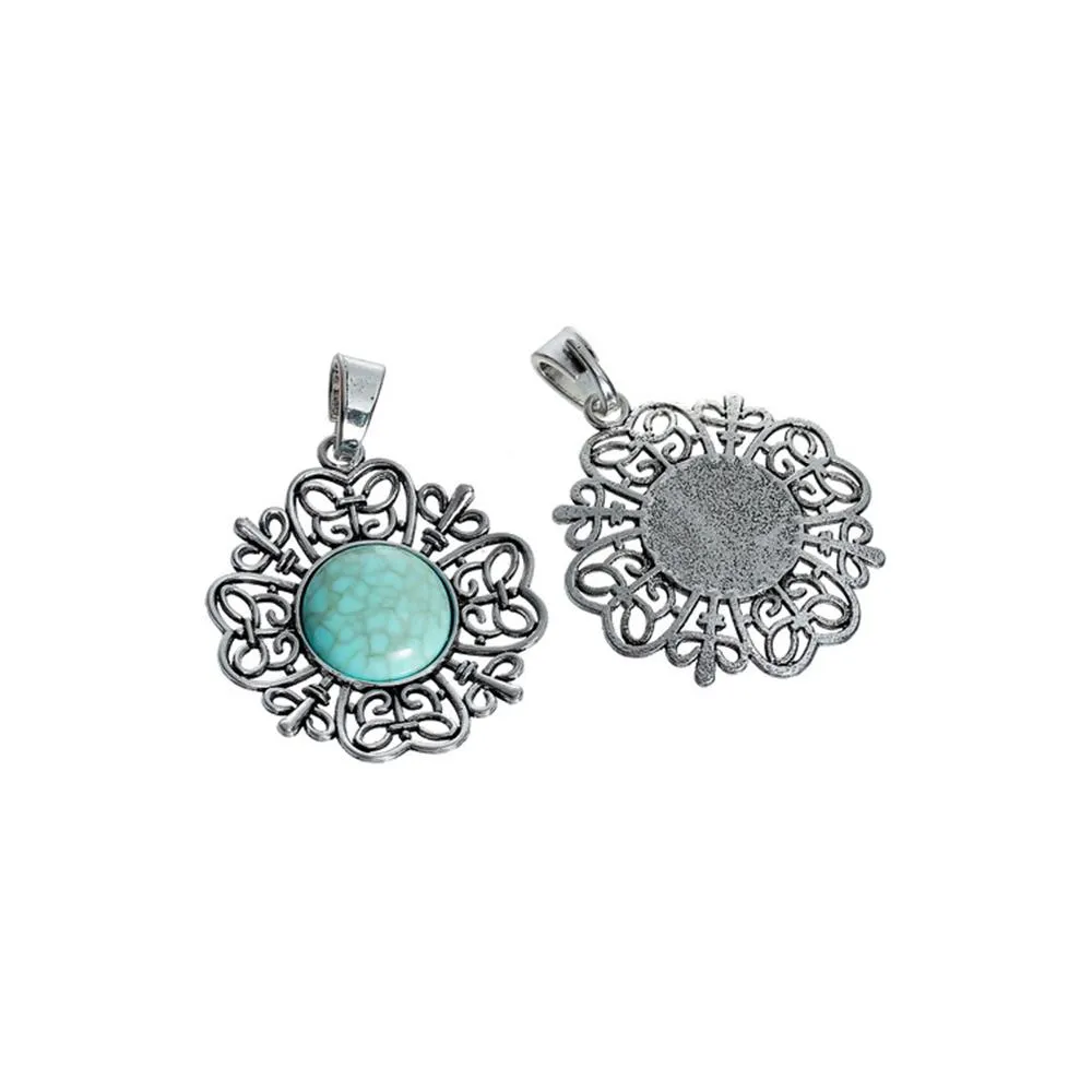 2 Pcs Tibetan Silver FLOWER BUTTERFLY CARVED LIGHT BLUE IMITATION TURQOISE 65mm x 47mm Charms Pendants, Lead & Nickel Free Metal Charms Pendants Beads