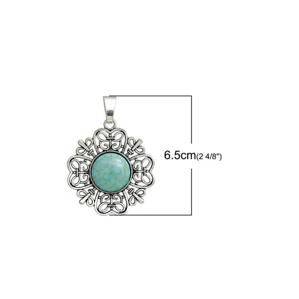 2 Pcs Tibetan Silver FLOWER BUTTERFLY CARVED LIGHT BLUE IMITATION TURQOISE 65mm x 47mm Charms Pendants, Lead & Nickel Free Metal Charms Pendants Beads