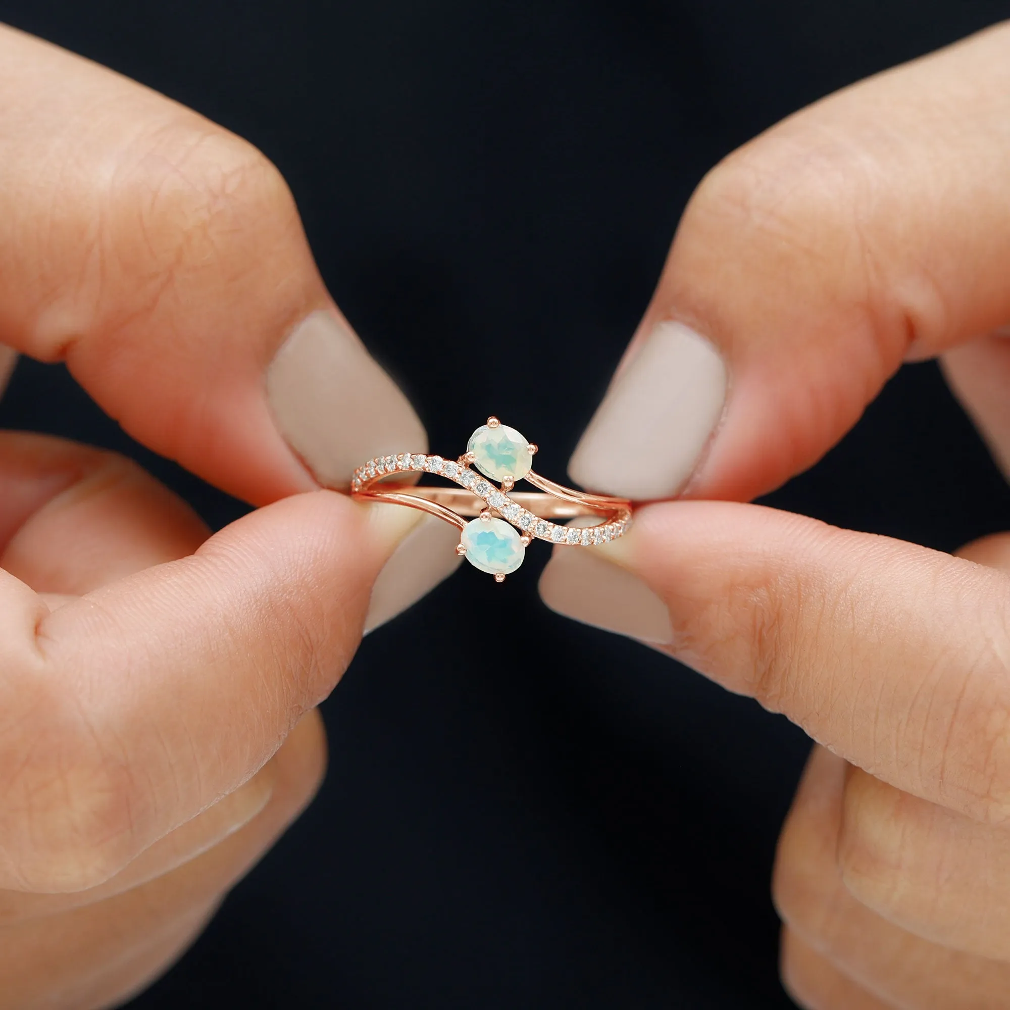 3/4 CT Two Stone Ethiopian Opal and Diamond Engagement Ring