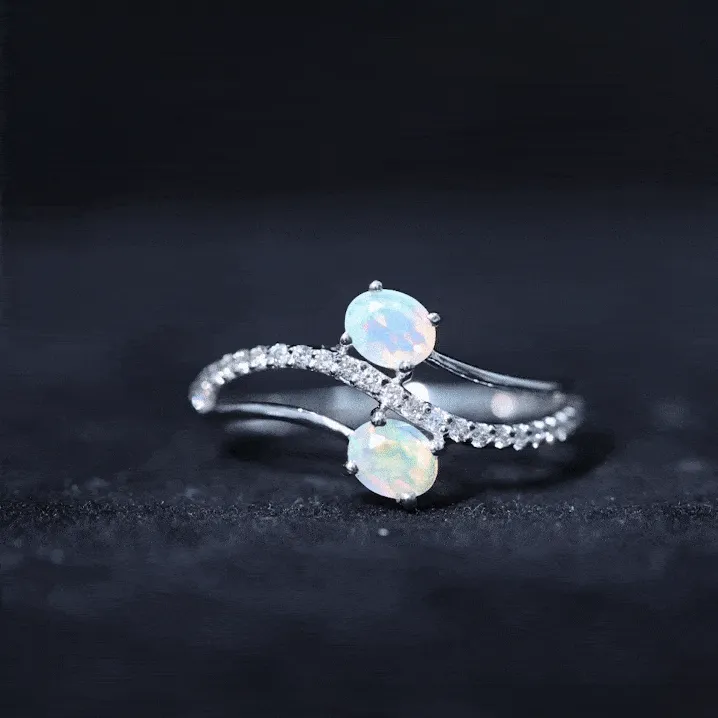3/4 CT Two Stone Ethiopian Opal and Diamond Engagement Ring