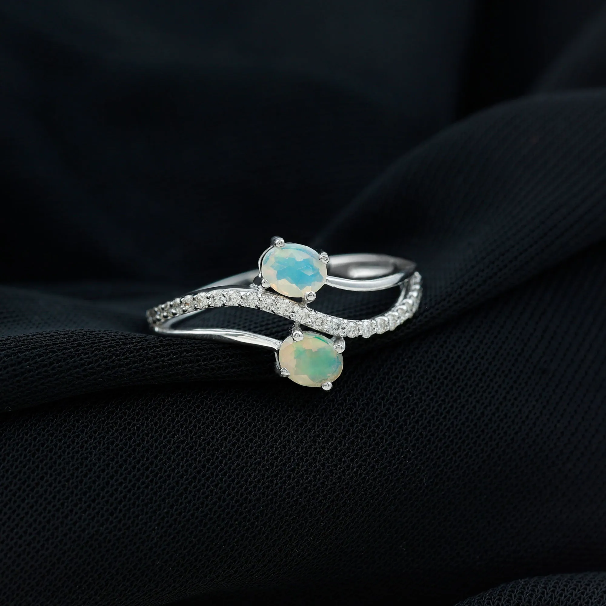 3/4 CT Two Stone Ethiopian Opal and Diamond Engagement Ring