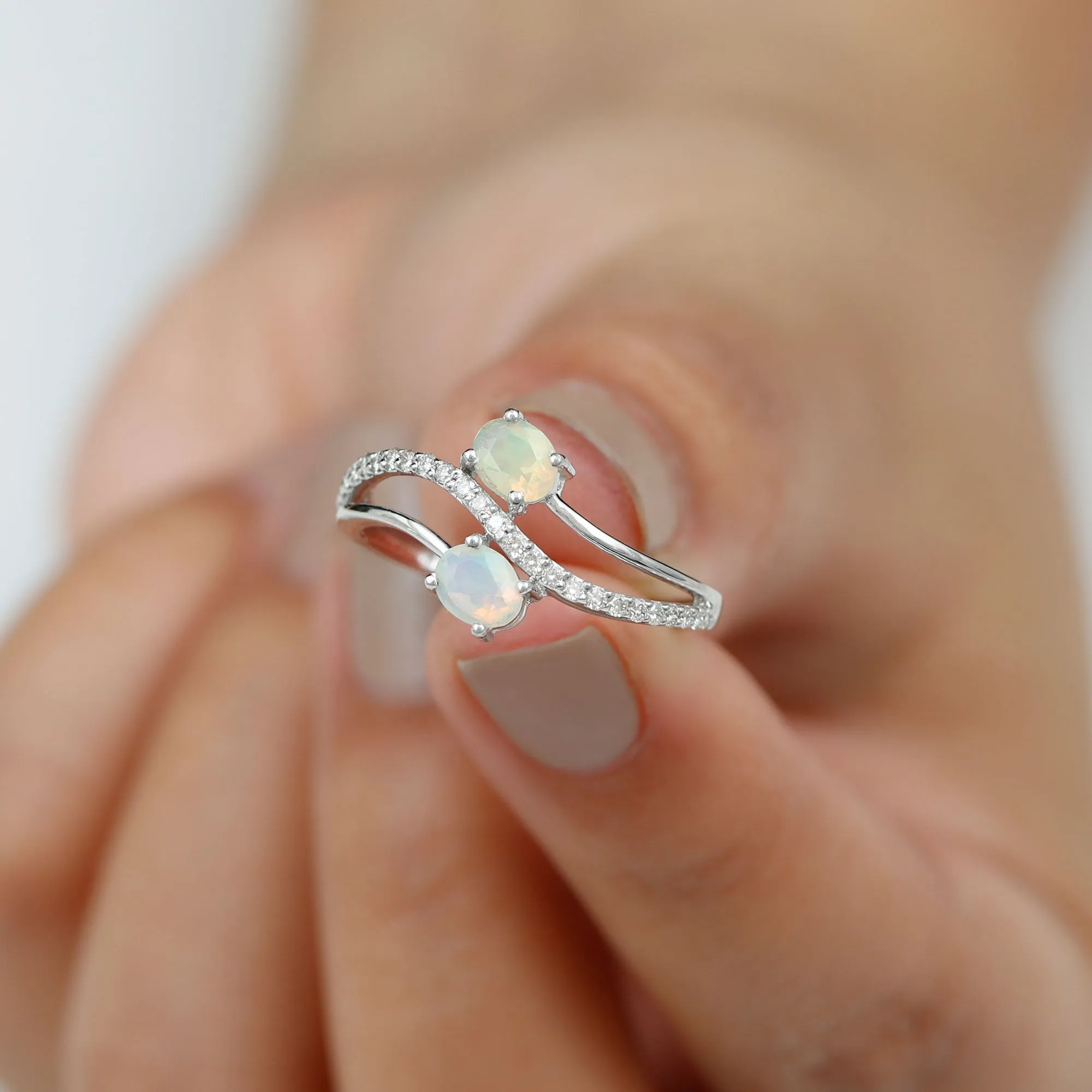 3/4 CT Two Stone Ethiopian Opal and Diamond Engagement Ring