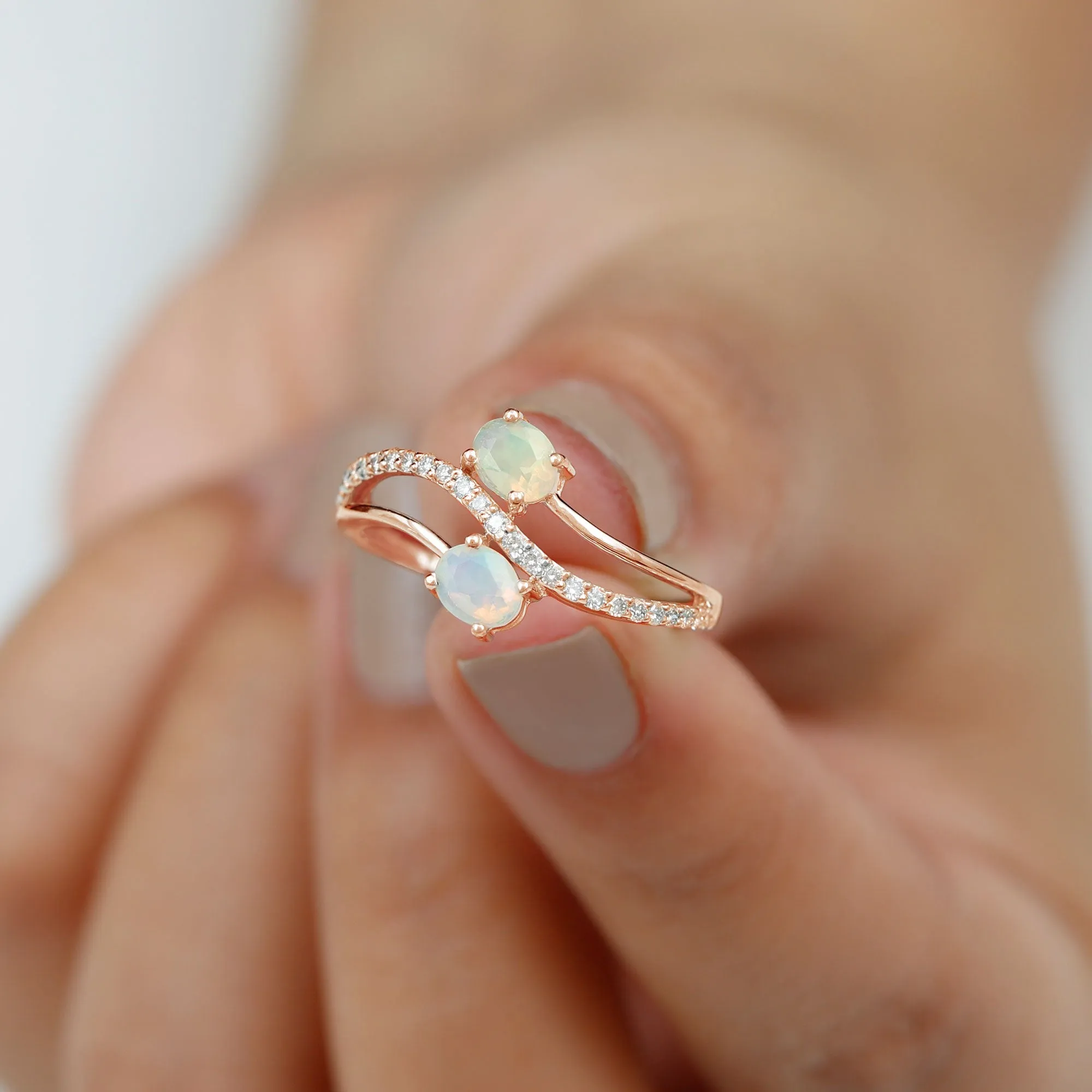 3/4 CT Two Stone Ethiopian Opal and Diamond Engagement Ring
