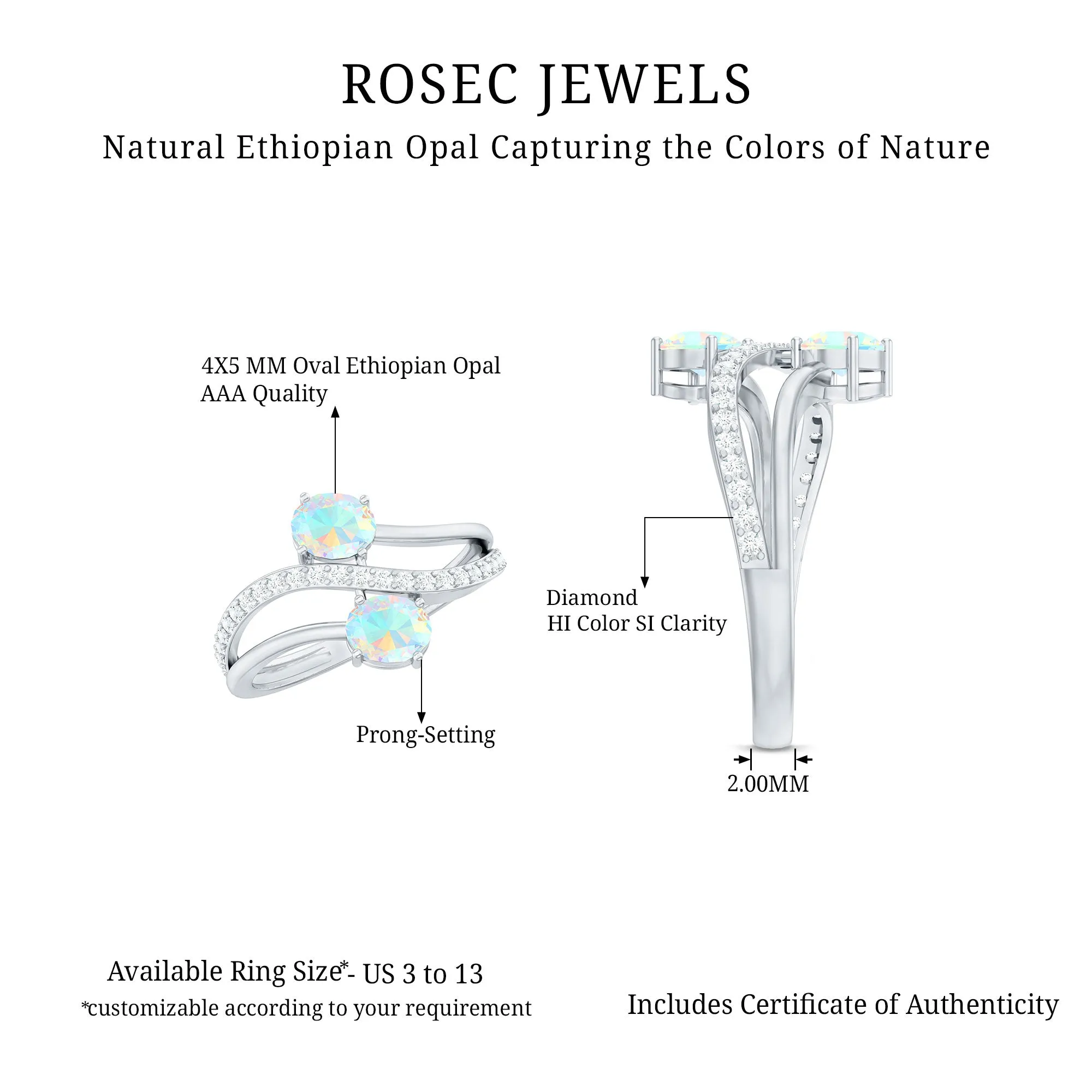 3/4 CT Two Stone Ethiopian Opal and Diamond Engagement Ring