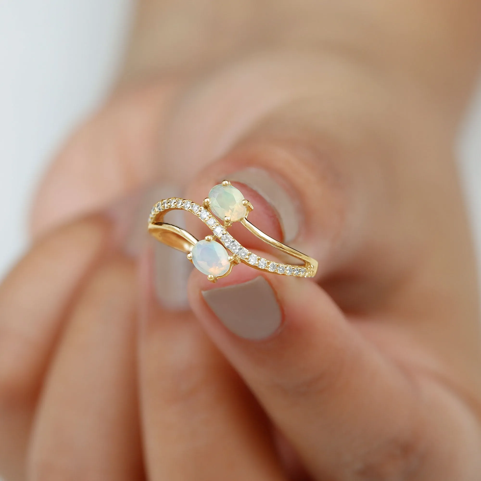 3/4 CT Two Stone Ethiopian Opal and Diamond Engagement Ring