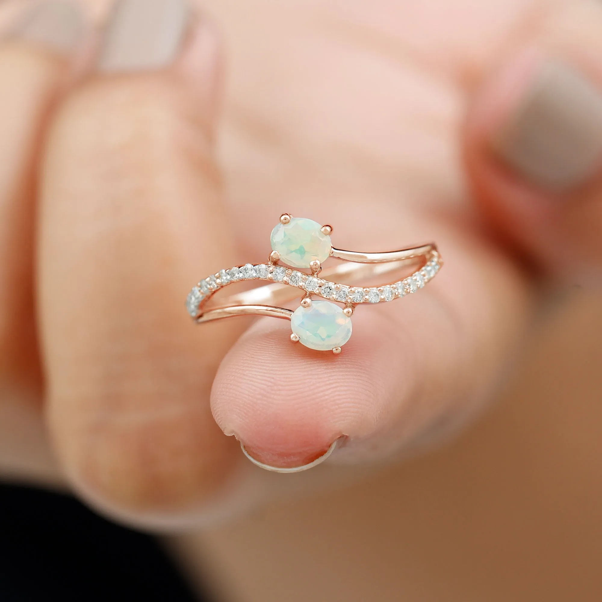 3/4 CT Two Stone Ethiopian Opal and Diamond Engagement Ring