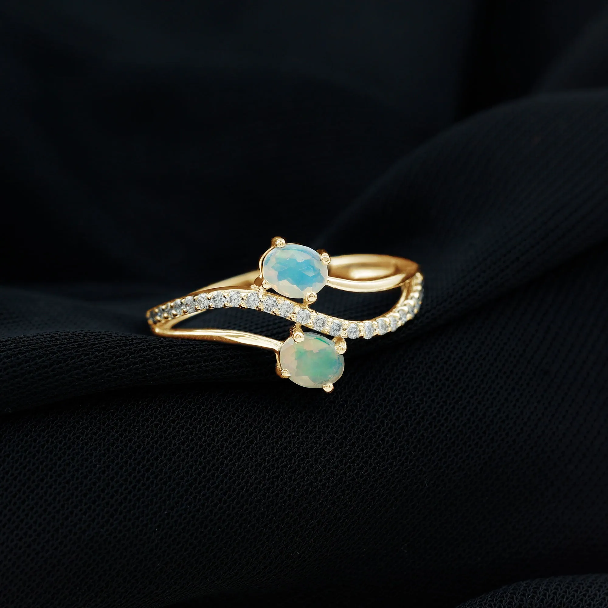 3/4 CT Two Stone Ethiopian Opal and Diamond Engagement Ring