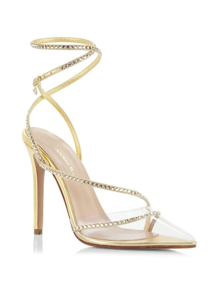 Andrea Wazen Dassy Sunset Leather and Crystal Shoes in Jade Green