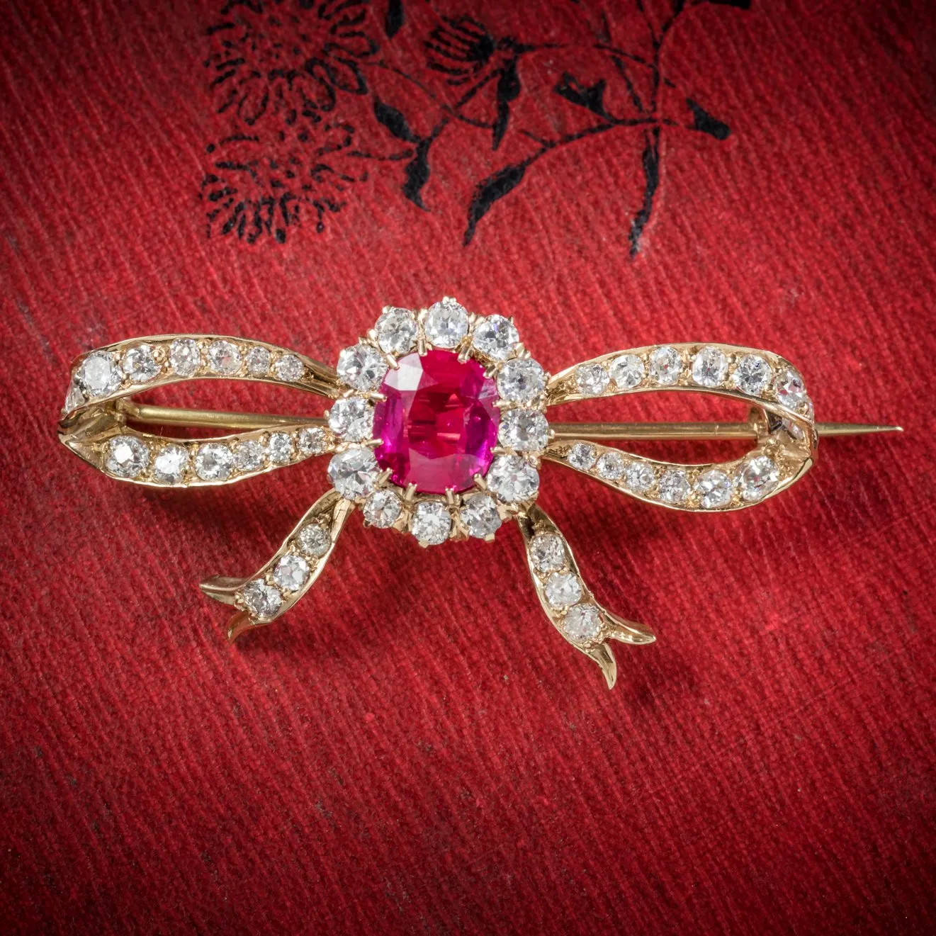Antique Edwardian Diamond Verneuil Ruby Brooch 18Ct Gold Circa 1910 Boxed