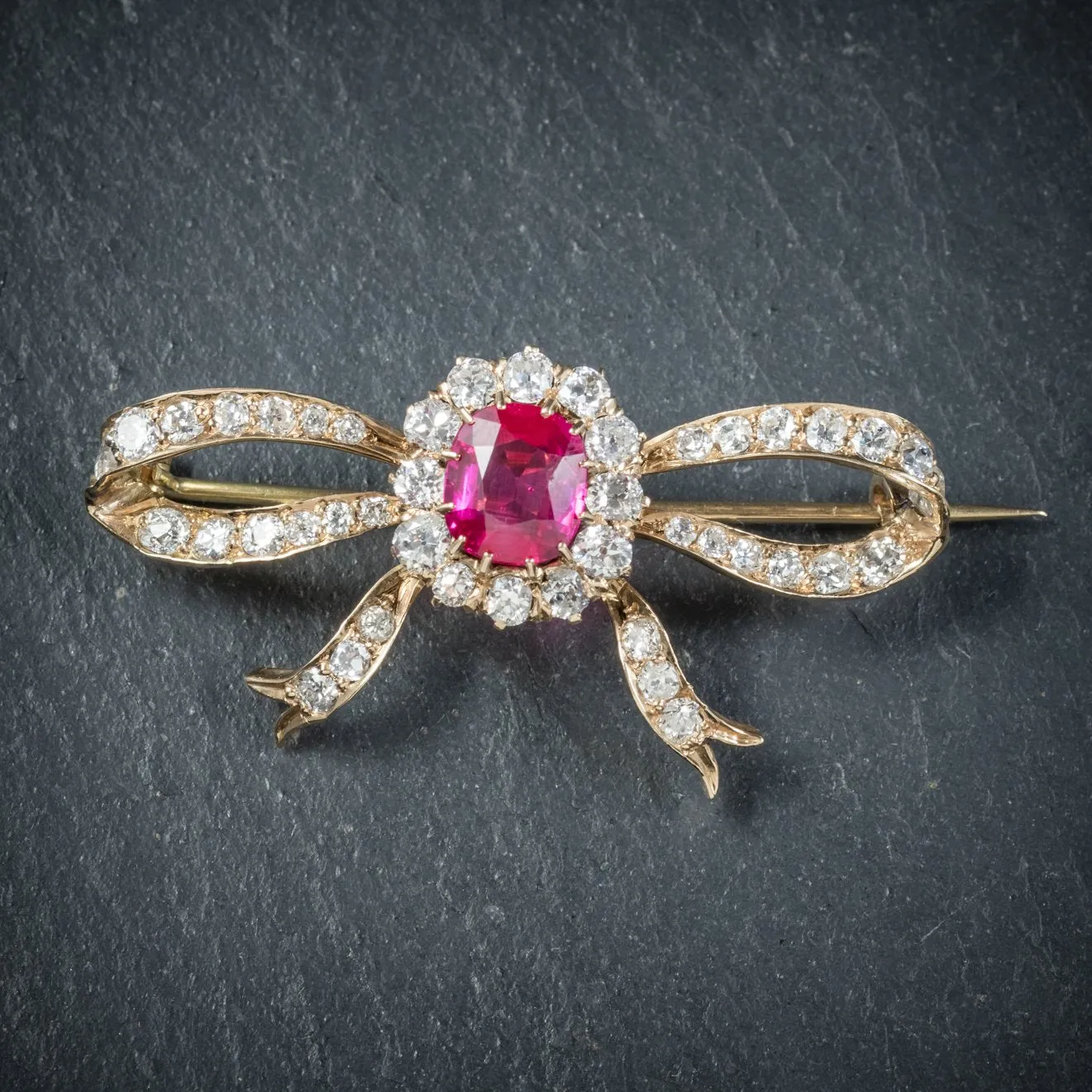 Antique Edwardian Diamond Verneuil Ruby Brooch 18Ct Gold Circa 1910 Boxed