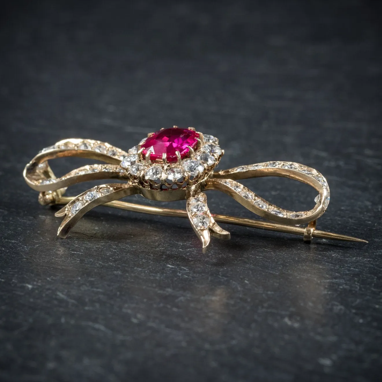 Antique Edwardian Diamond Verneuil Ruby Brooch 18Ct Gold Circa 1910 Boxed