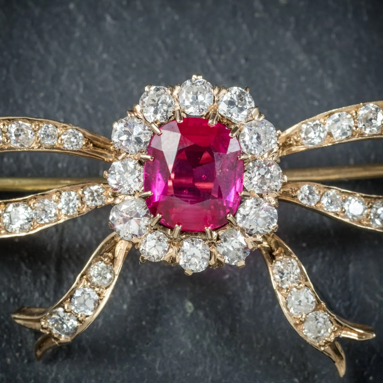 Antique Edwardian Diamond Verneuil Ruby Brooch 18Ct Gold Circa 1910 Boxed