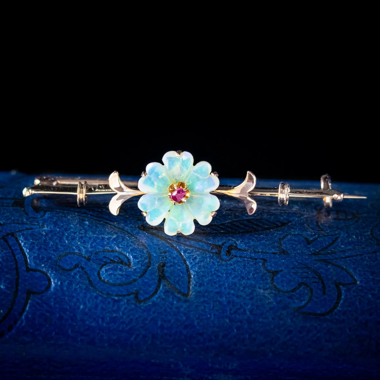 Antique Victorian Opal Ruby Flower Brooch 9ct Gold Circa 1900 Boxed