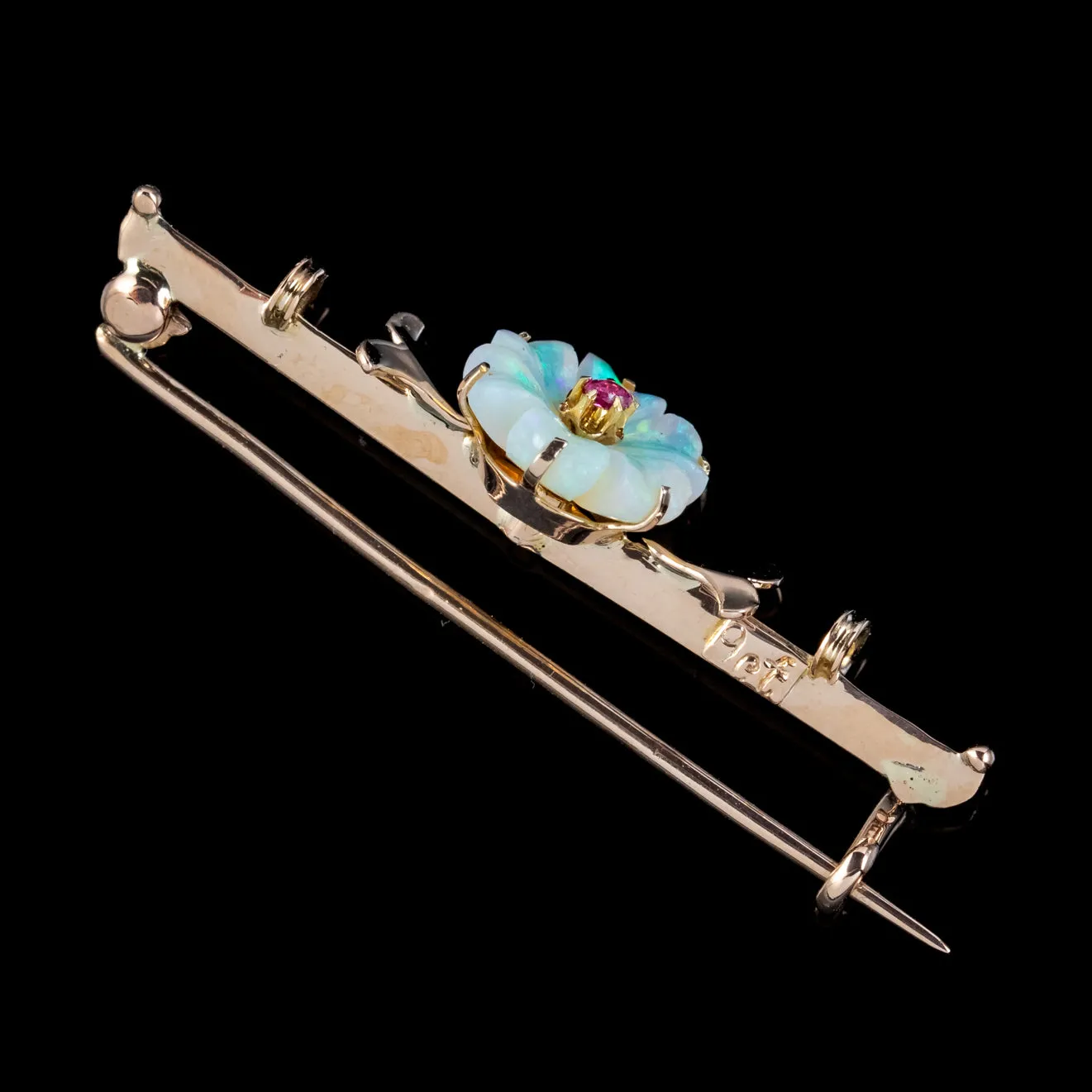 Antique Victorian Opal Ruby Flower Brooch 9ct Gold Circa 1900 Boxed