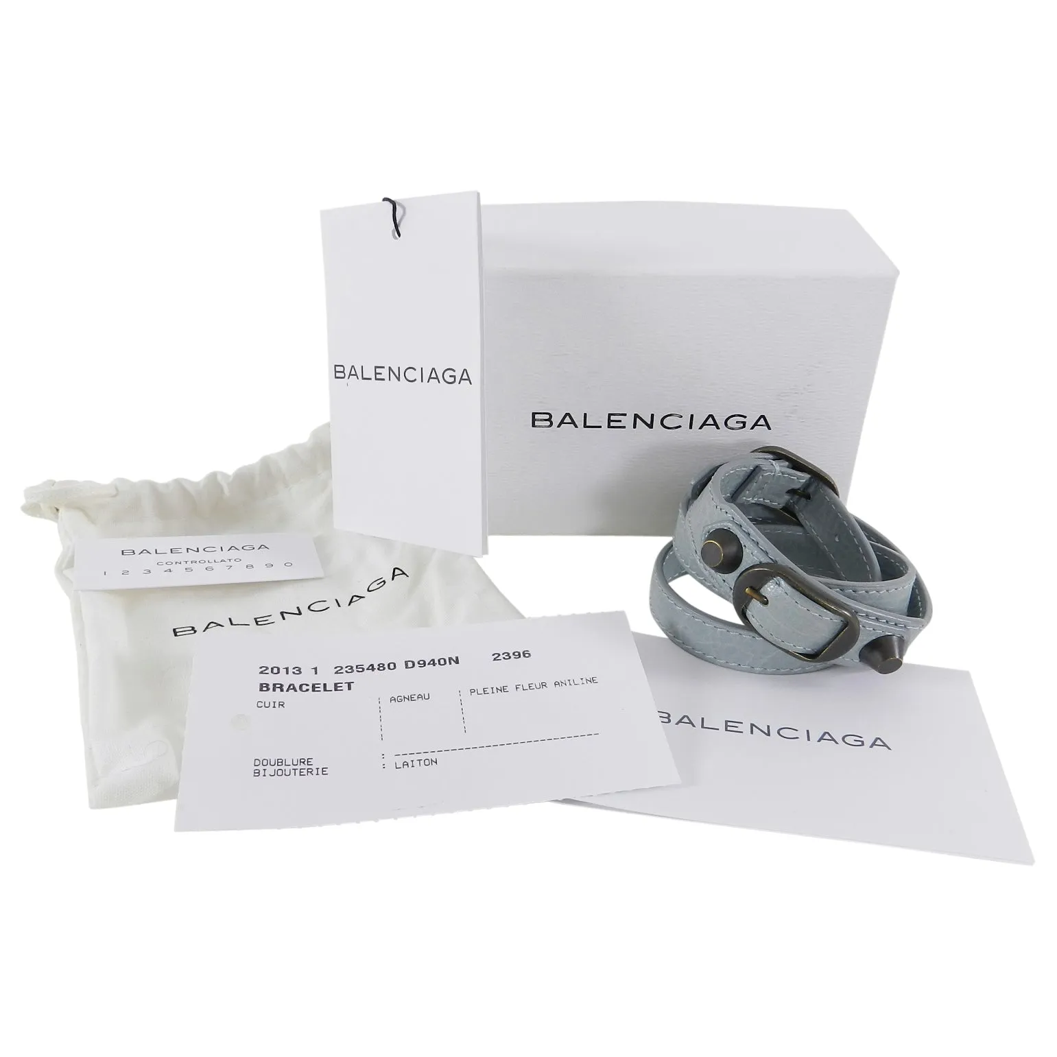 Balenciaga Light Ice Blue Giant Stud Triple Wrap Leather Bracelet
