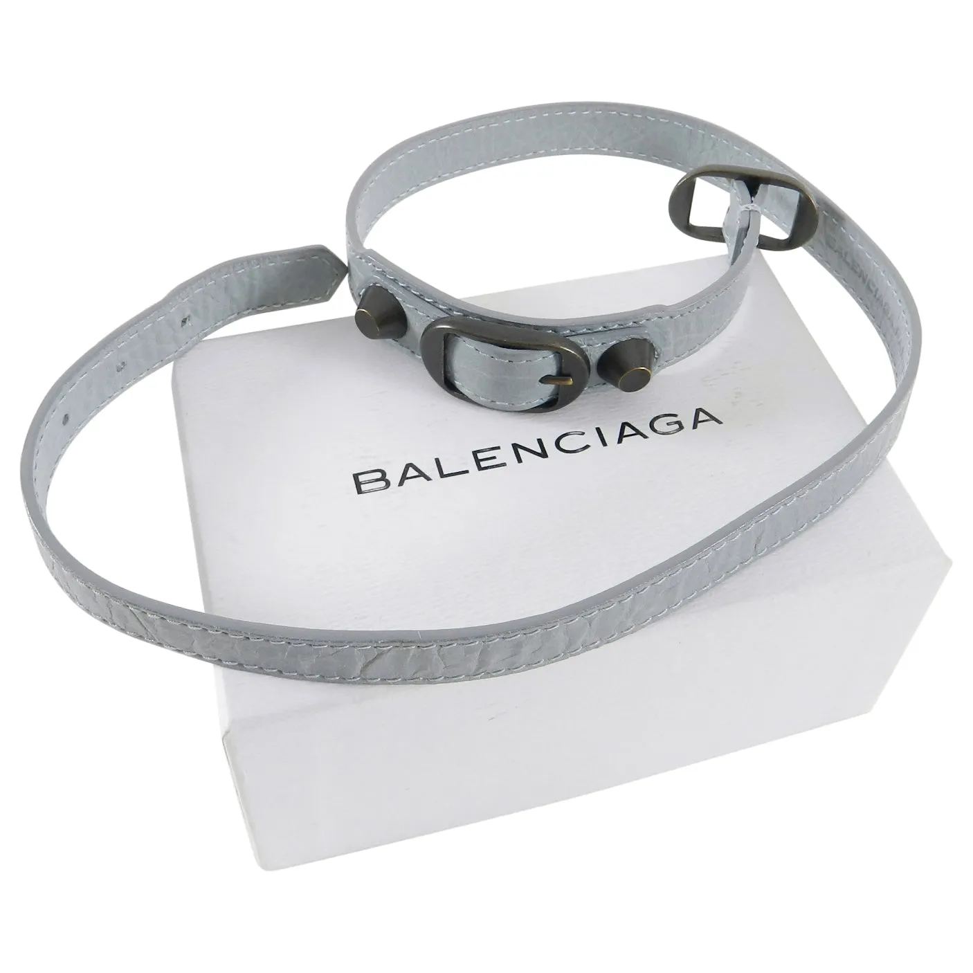 Balenciaga Light Ice Blue Giant Stud Triple Wrap Leather Bracelet