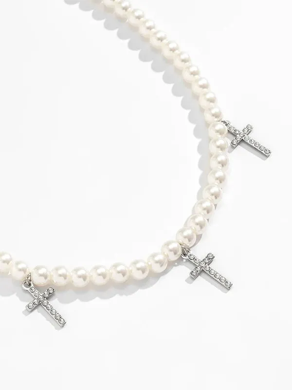 Beaded Pearl Necklace with Cross Pendants