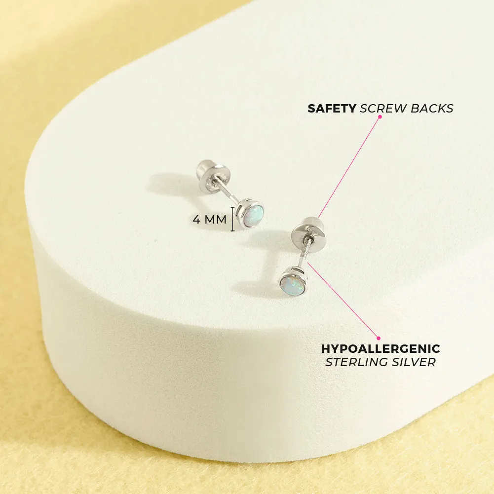 Bezel Opal Kids / Children's / Girls Earrings Screw Back - Sterling Silver
