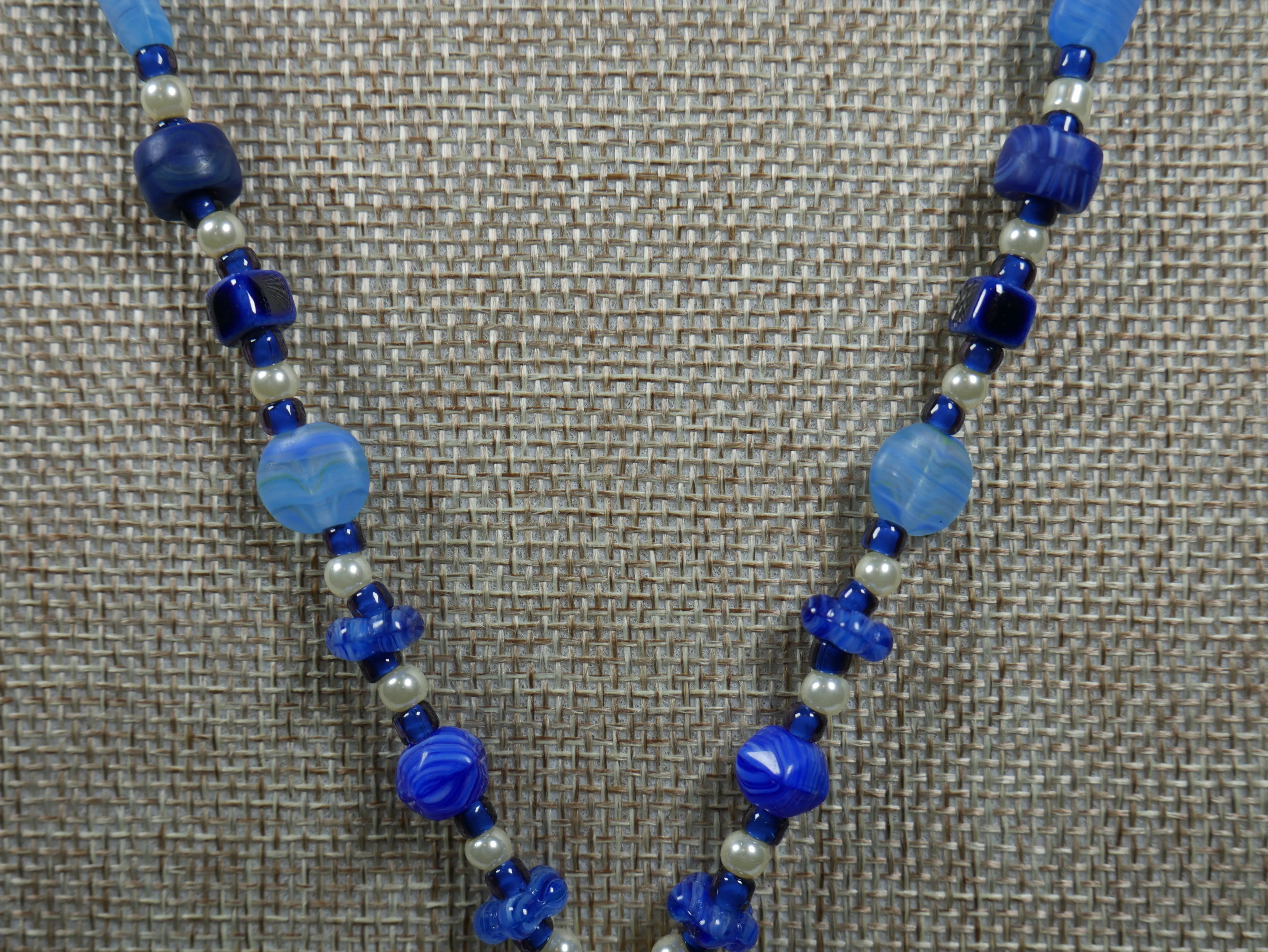 Blue and White Glass Beaded Necklace with Shell Flower Pendant