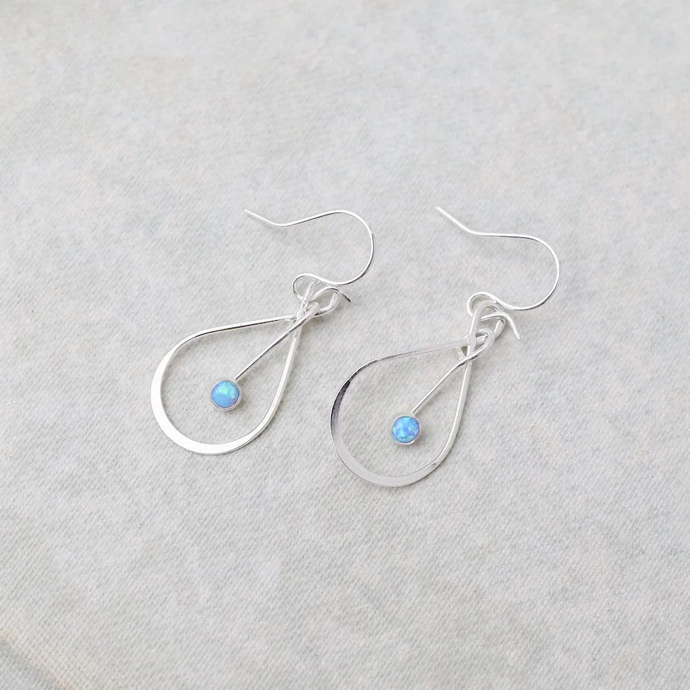 Blue Opal Tear Drop Cab Dangle Earrings Sterling Silver
