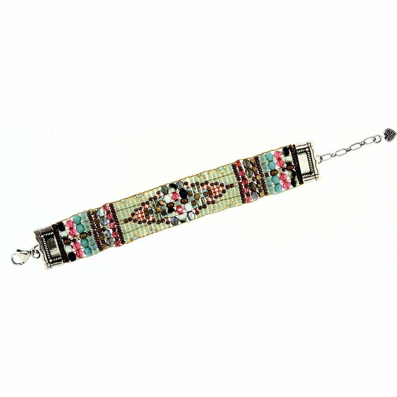 Chili Rose Silver Tip Moss , Turquoise & Tangerine Beaded Bracelet