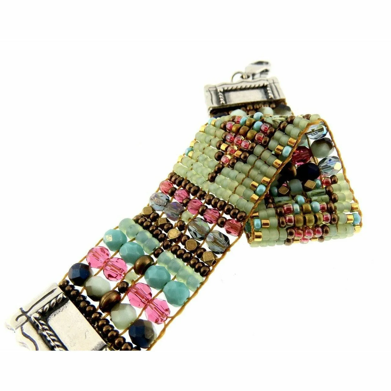 Chili Rose Silver Tip Moss , Turquoise & Tangerine Beaded Bracelet