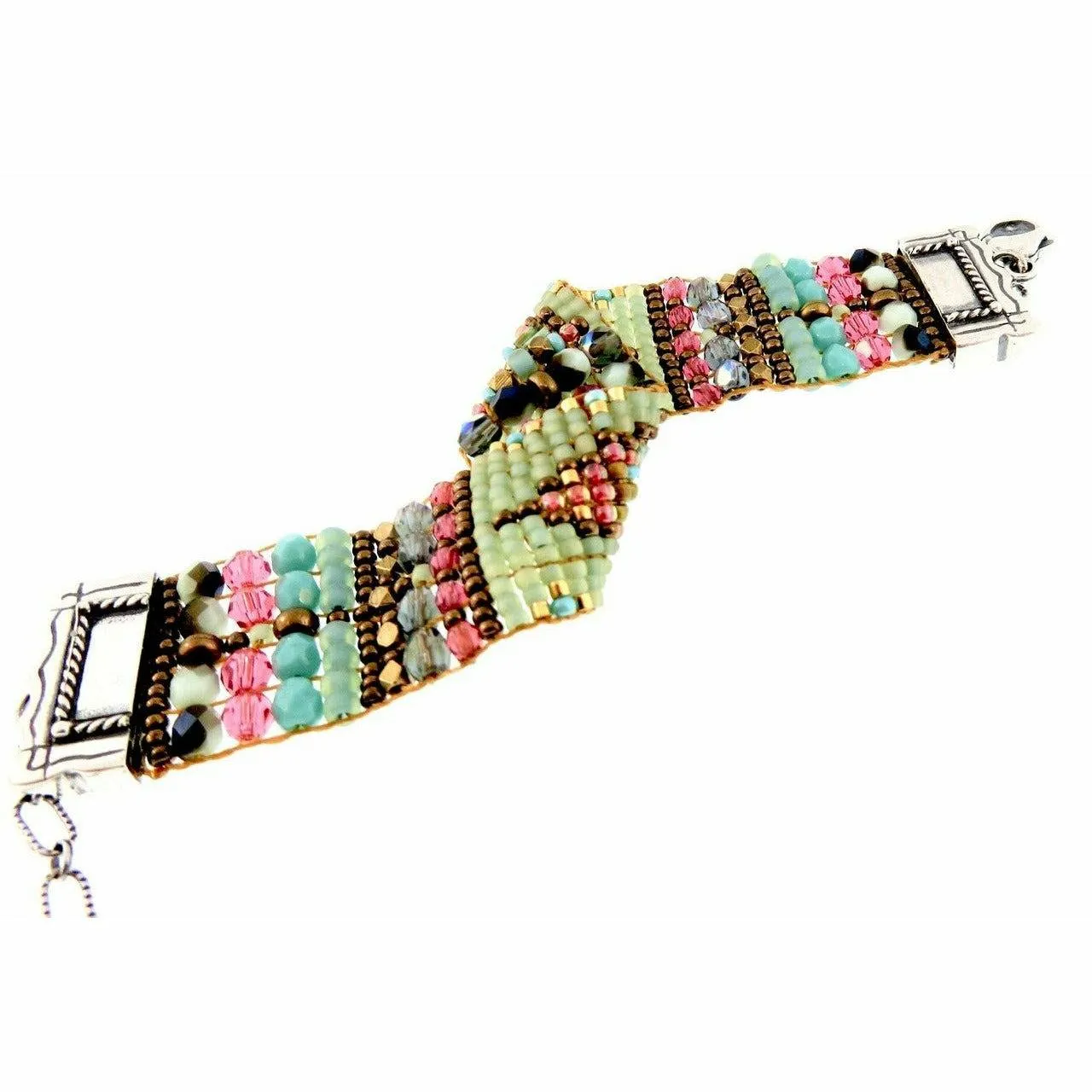 Chili Rose Silver Tip Moss , Turquoise & Tangerine Beaded Bracelet
