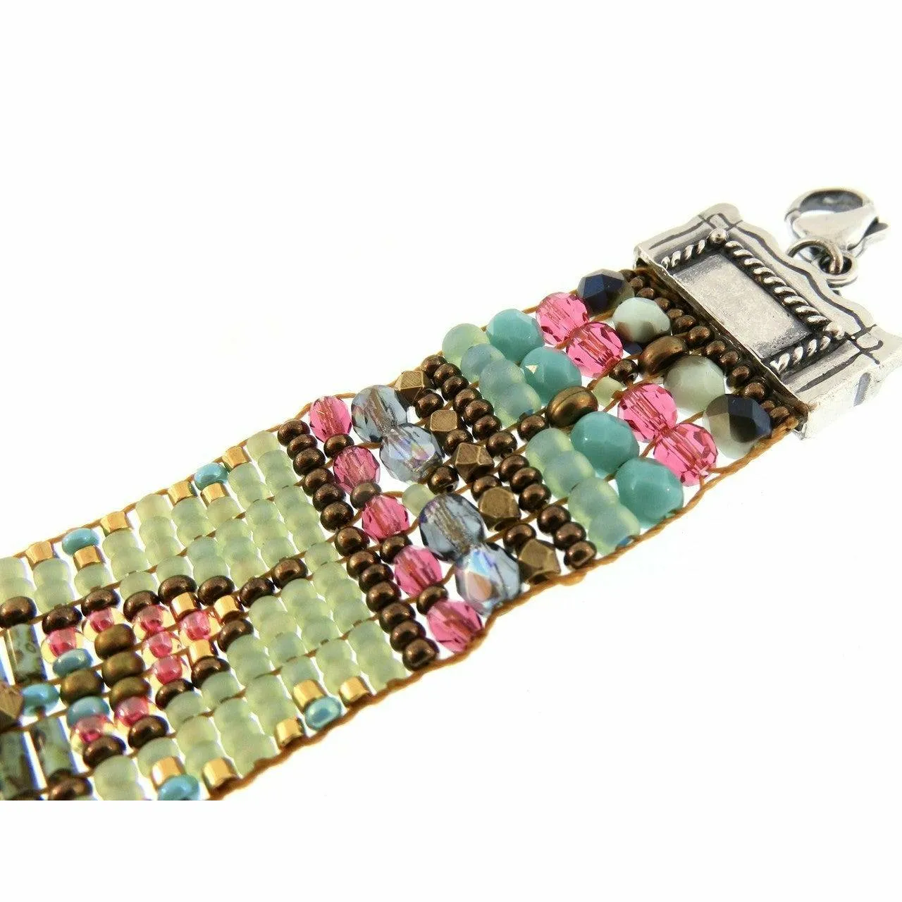 Chili Rose Silver Tip Moss , Turquoise & Tangerine Beaded Bracelet