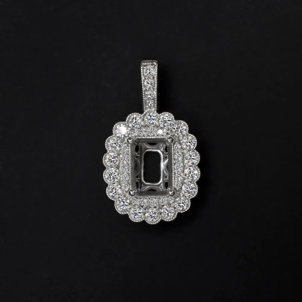 DIAMOND SEMI MOUNT PENDANT SETTING RADIANT EMERALD CUT SCALLOPED HALO NECKLACE