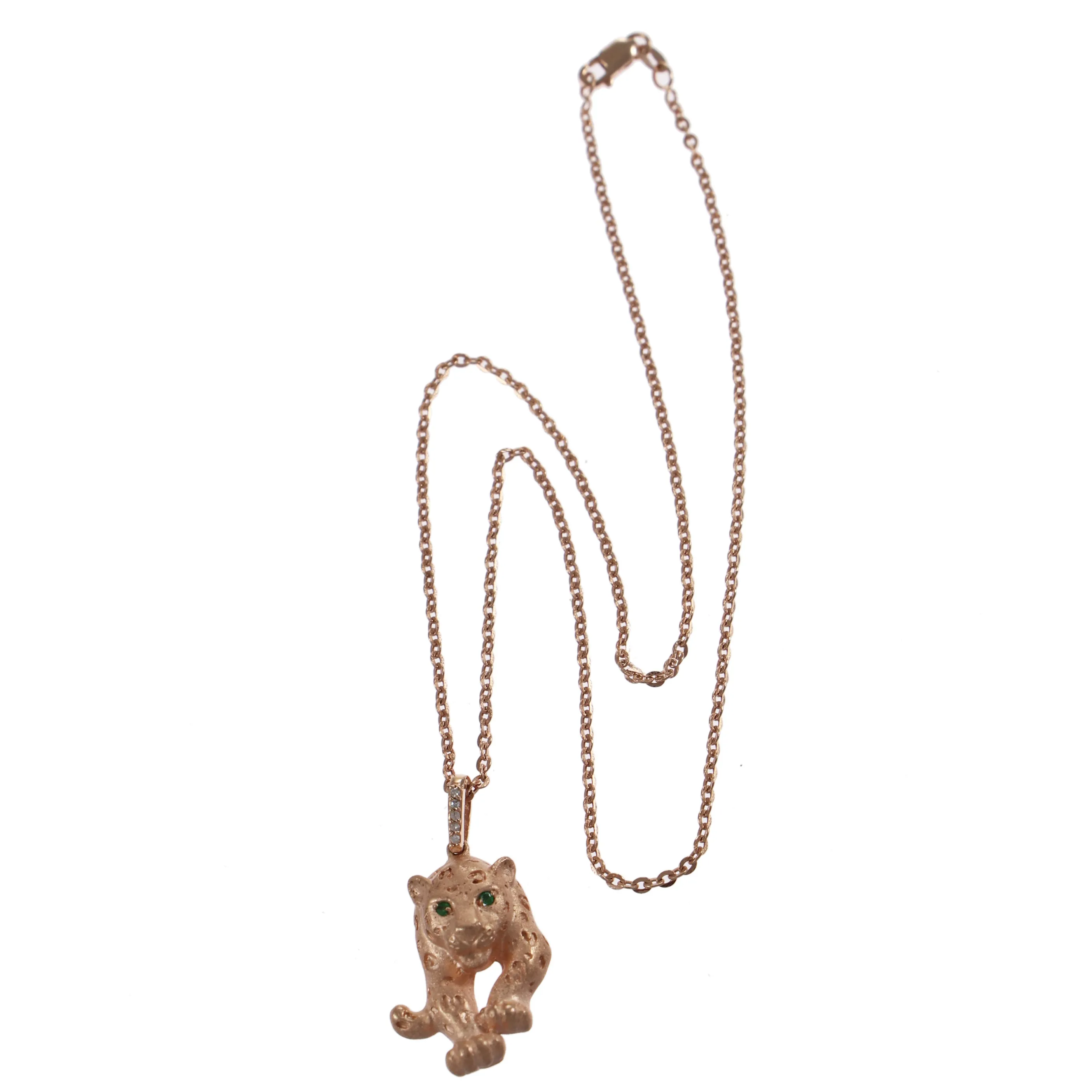 Effy Panther Emerald Diamond Pendant Necklace Solid 14k Rose Gold 8.2g
