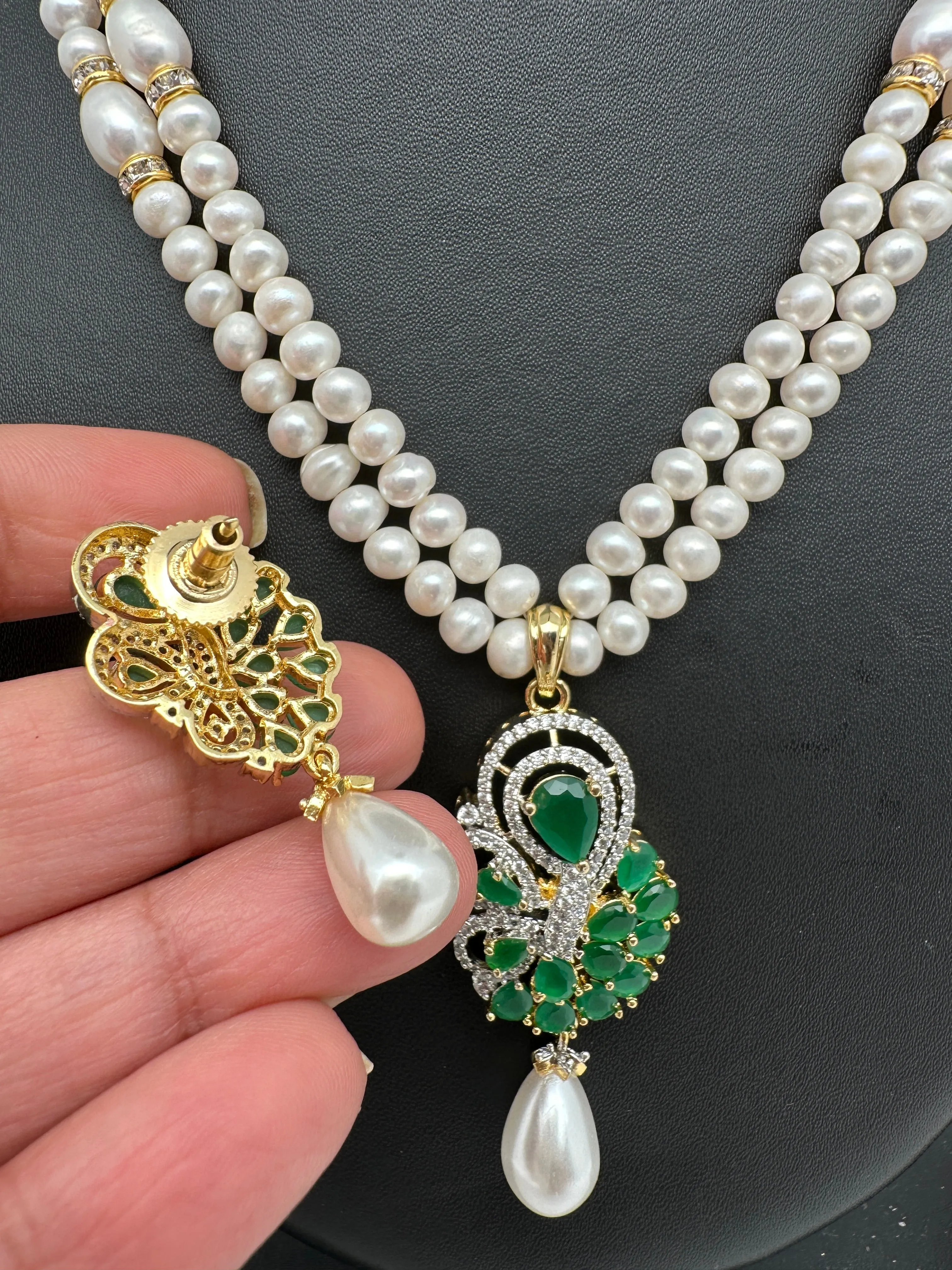 Emerald Green Stone AD Pendent Double Line Real Freshwater Pearls Necklace
