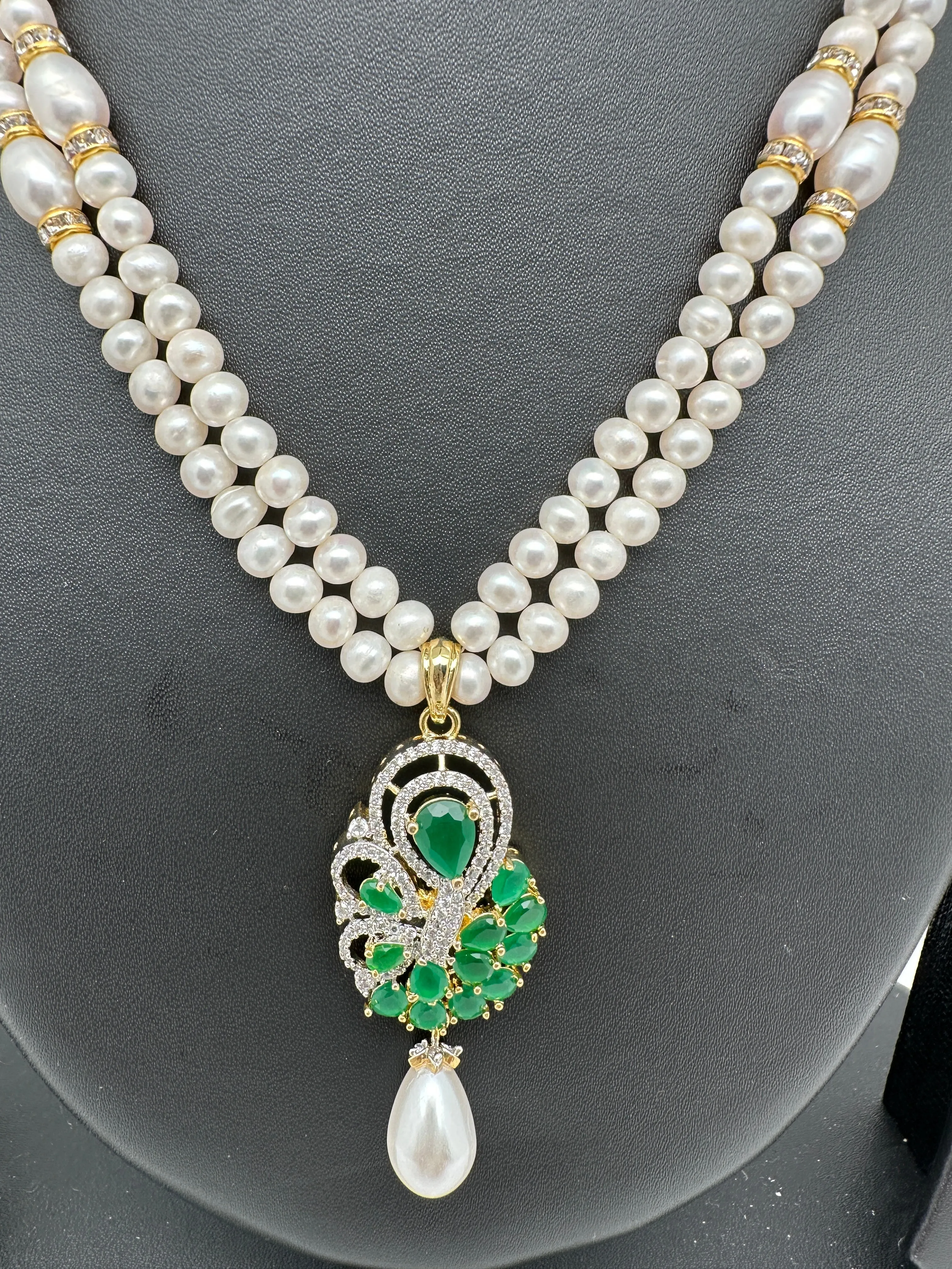 Emerald Green Stone AD Pendent Double Line Real Freshwater Pearls Necklace