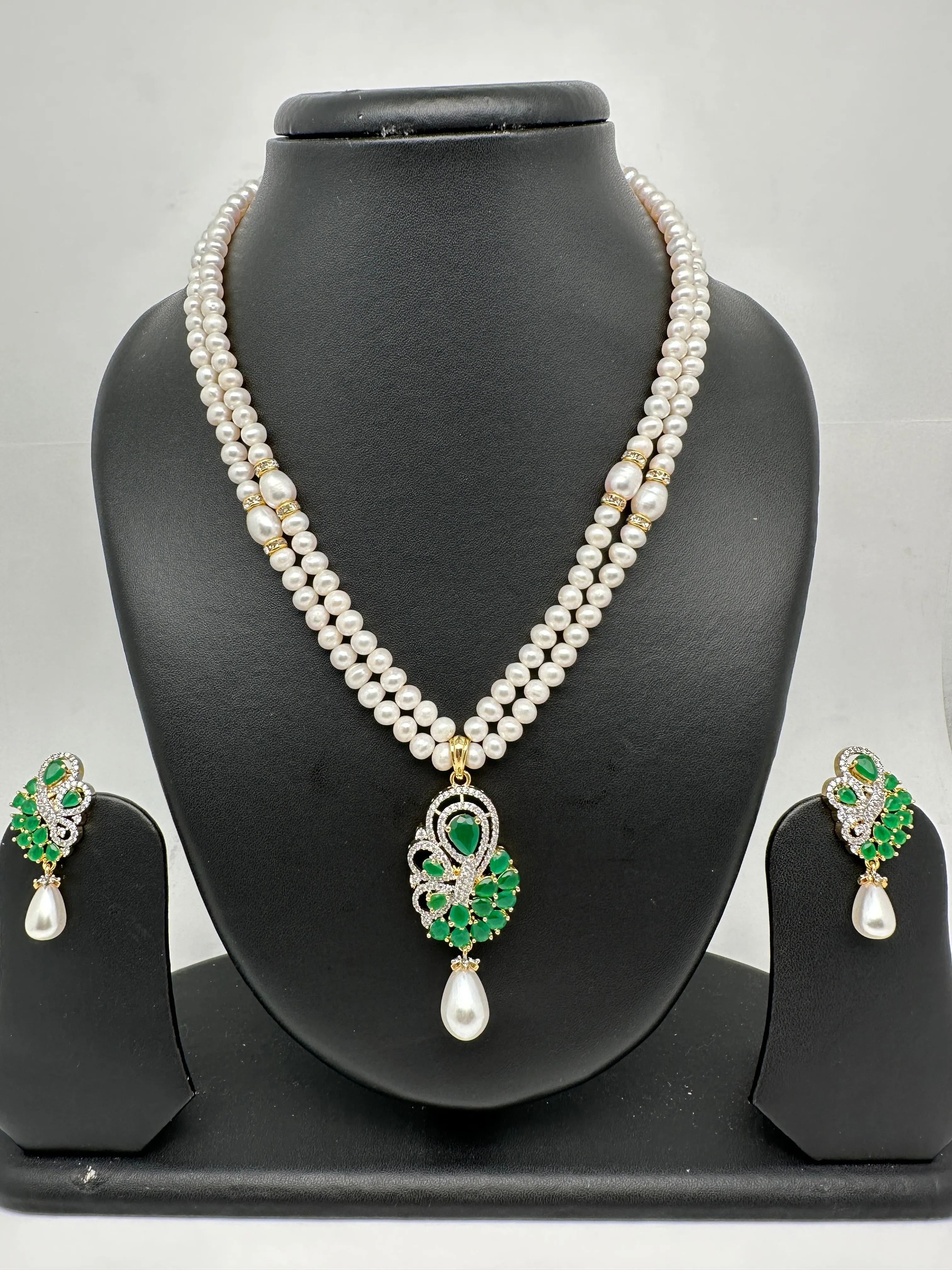 Emerald Green Stone AD Pendent Double Line Real Freshwater Pearls Necklace