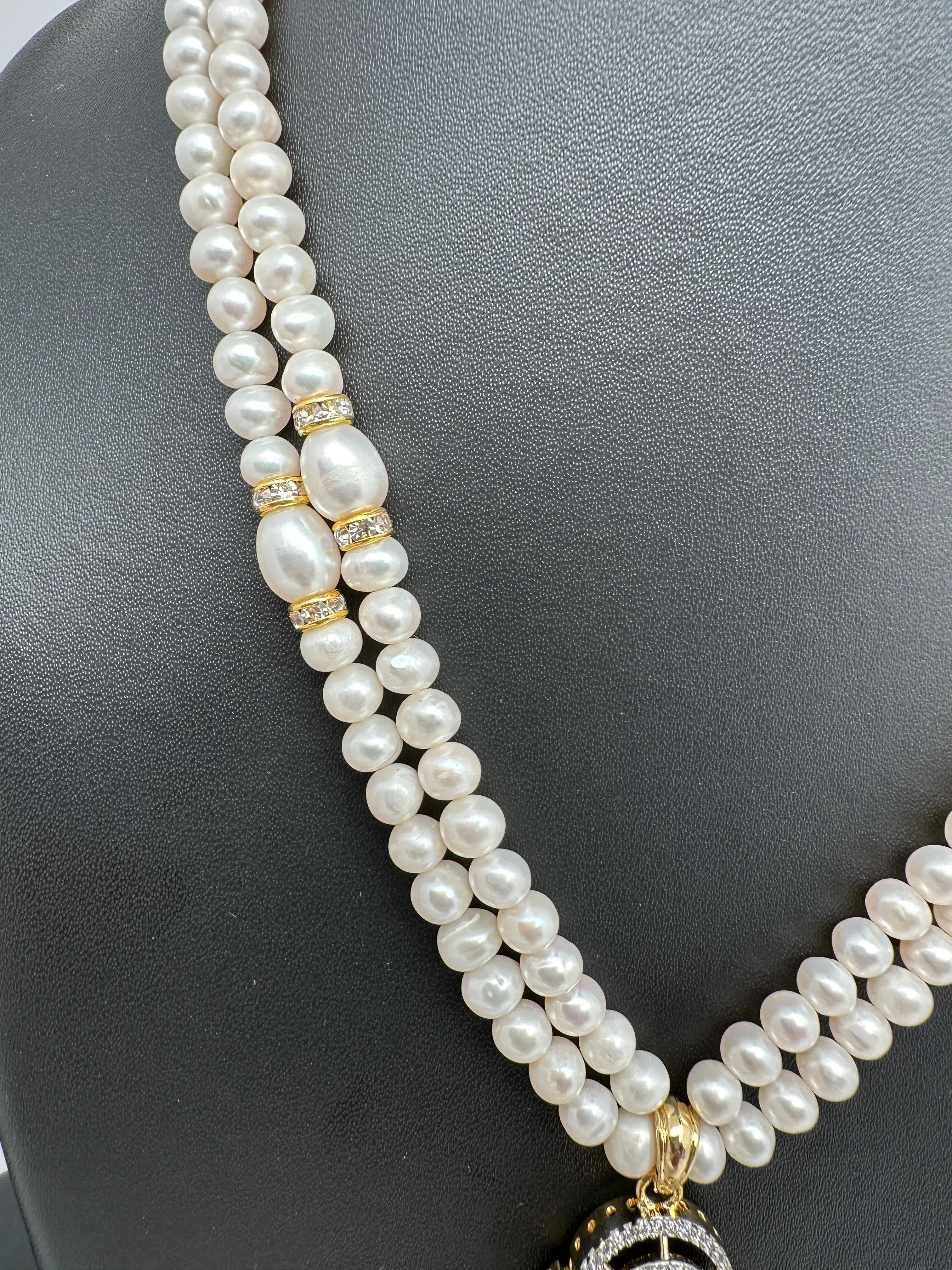 Emerald Green Stone AD Pendent Double Line Real Freshwater Pearls Necklace