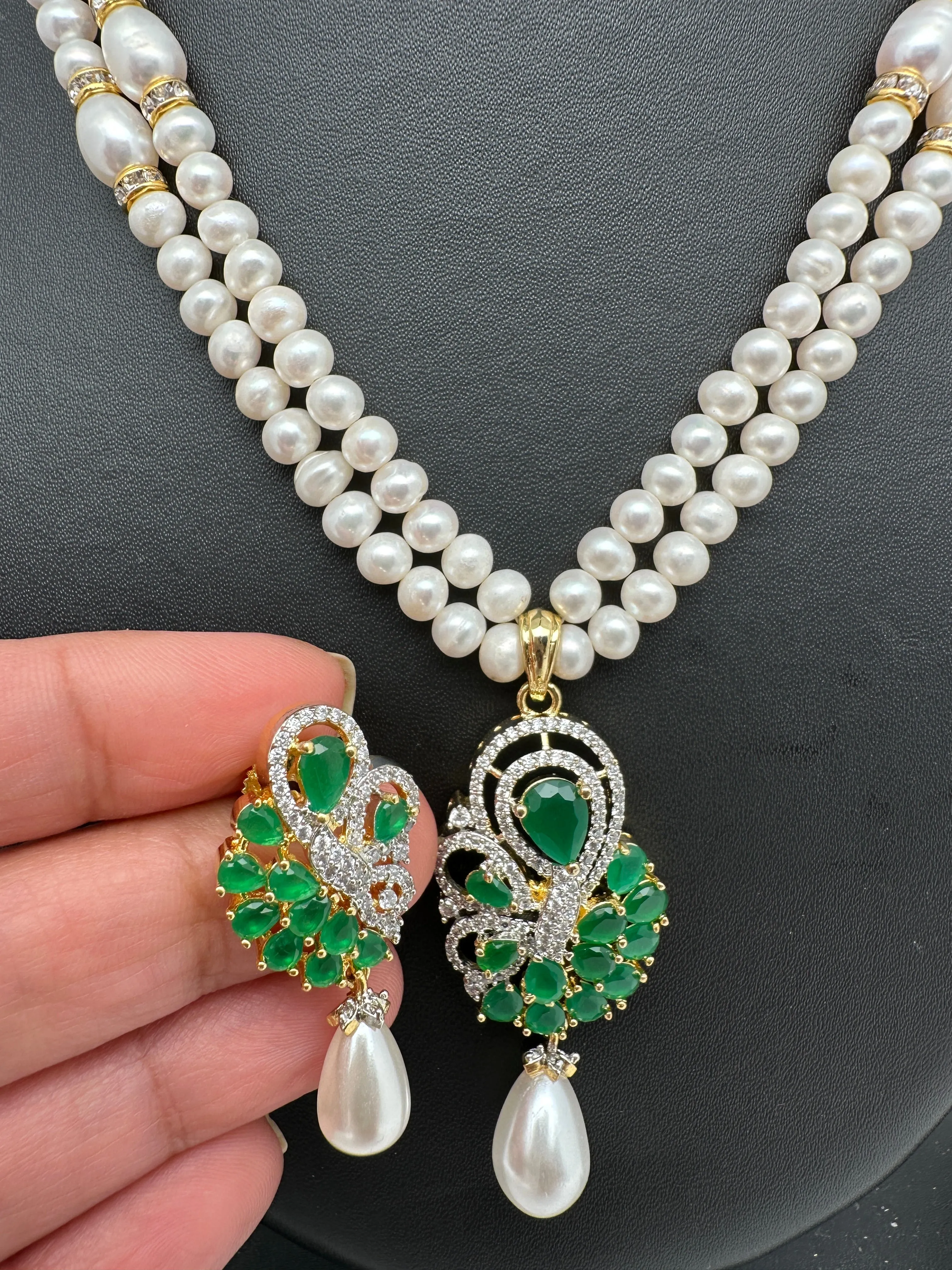 Emerald Green Stone AD Pendent Double Line Real Freshwater Pearls Necklace
