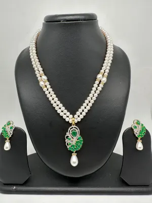 Emerald Green Stone AD Pendent Double Line Real Freshwater Pearls Necklace