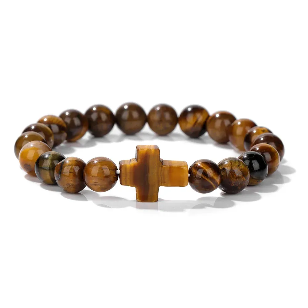 Fashion Jesus Cross Natural Stone Bracelet 8mm Round Tiger Eye Turquoises Agates Beads Charm Bracelets Women Men Jewelry Gift