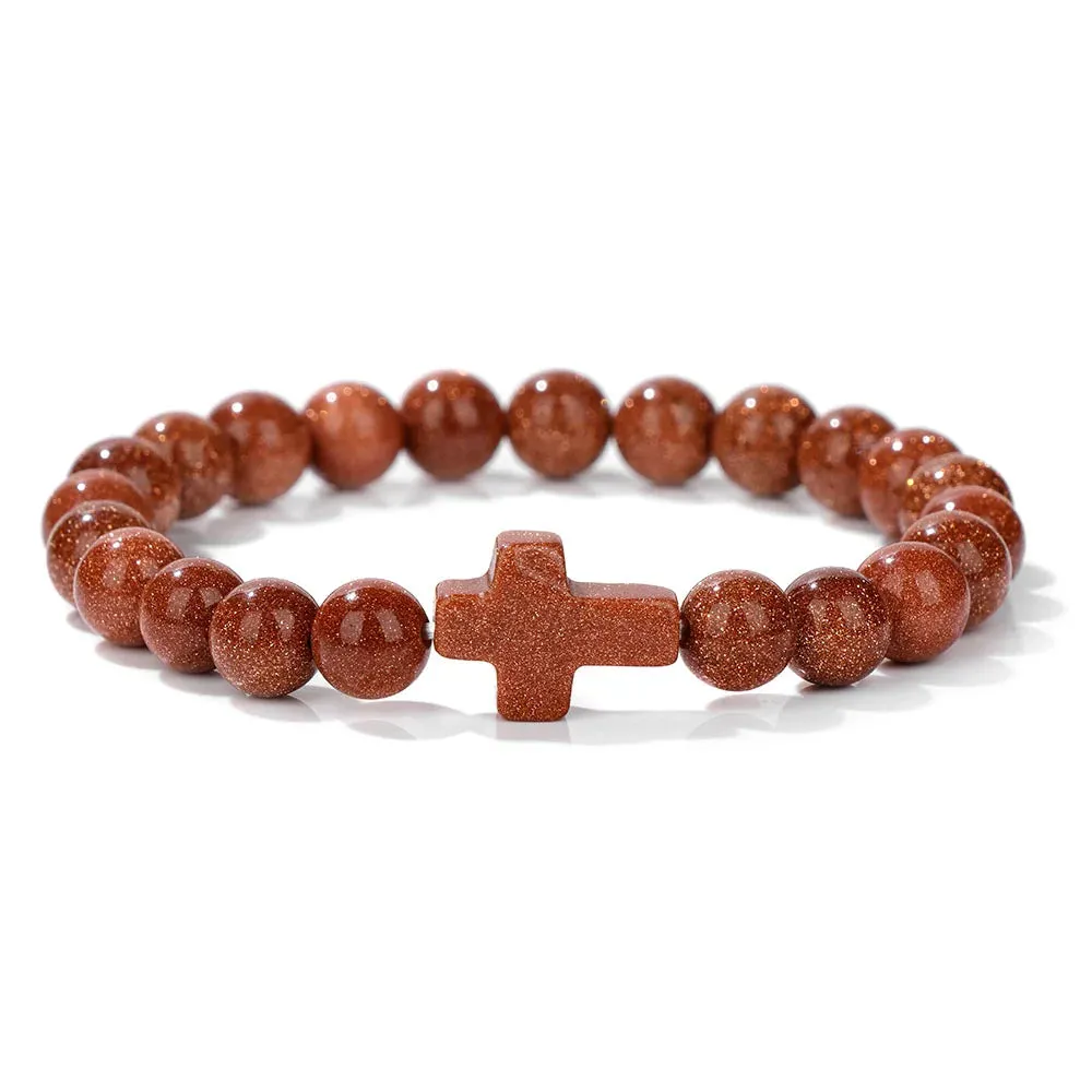 Fashion Jesus Cross Natural Stone Bracelet 8mm Round Tiger Eye Turquoises Agates Beads Charm Bracelets Women Men Jewelry Gift