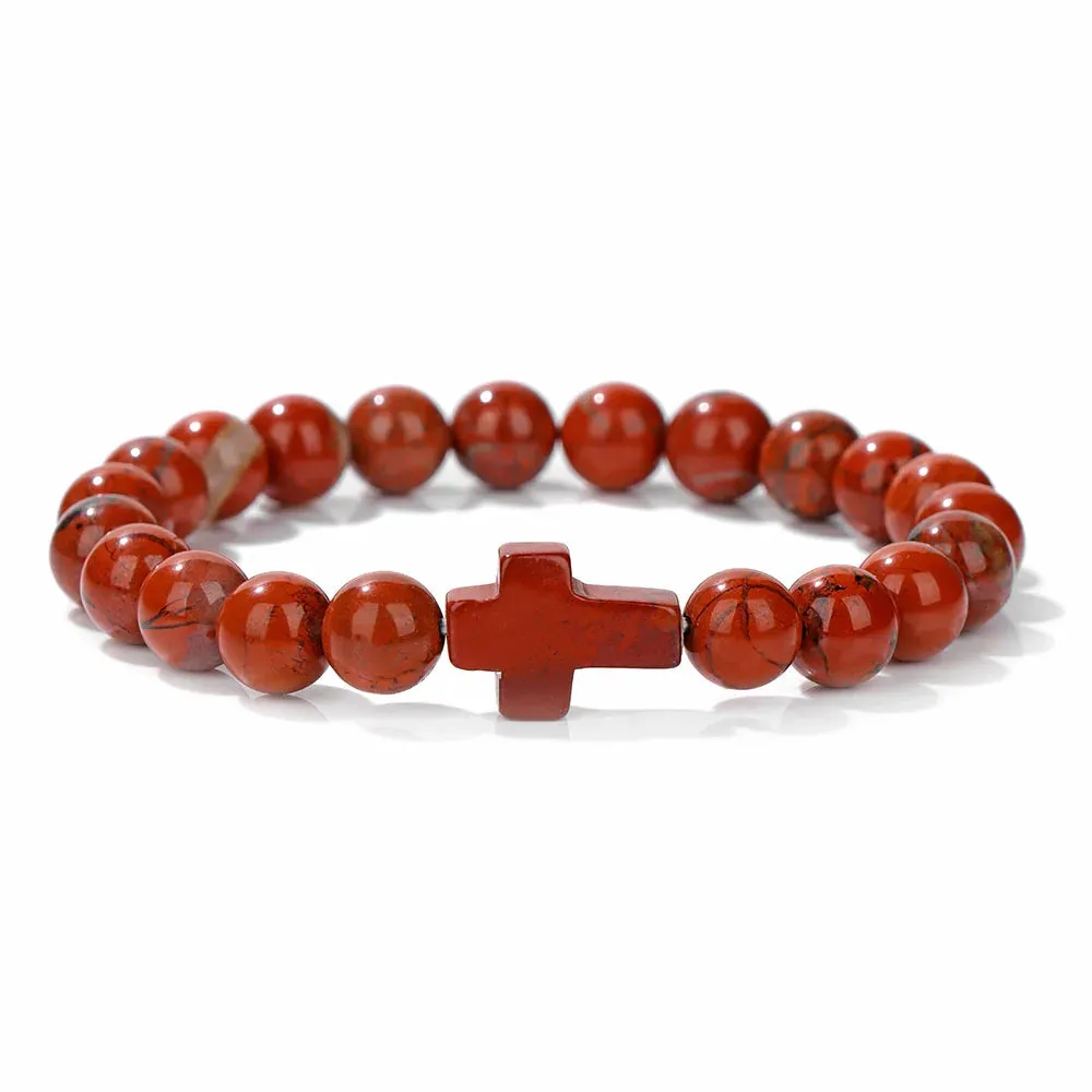 Fashion Jesus Cross Natural Stone Bracelet 8mm Round Tiger Eye Turquoises Agates Beads Charm Bracelets Women Men Jewelry Gift