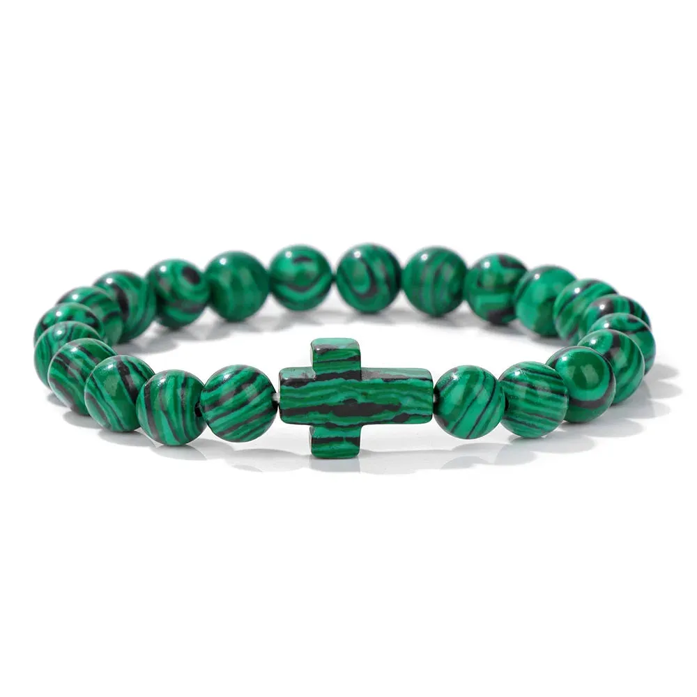 Fashion Jesus Cross Natural Stone Bracelet 8mm Round Tiger Eye Turquoises Agates Beads Charm Bracelets Women Men Jewelry Gift