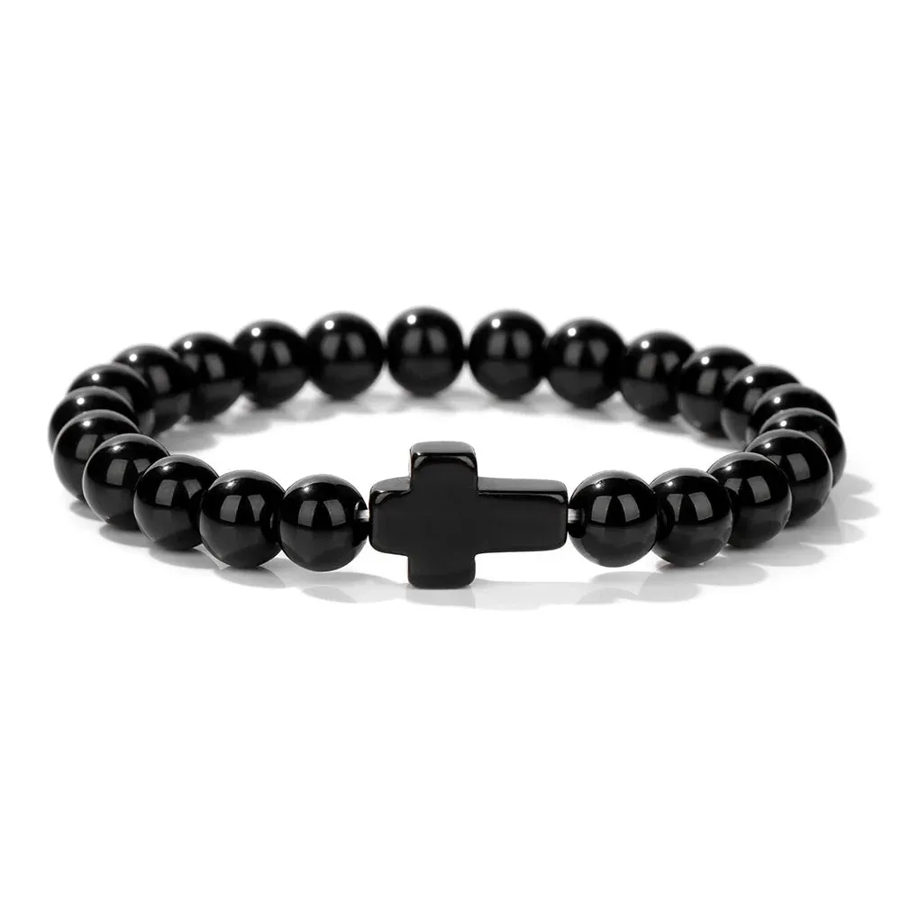 Fashion Jesus Cross Natural Stone Bracelet 8mm Round Tiger Eye Turquoises Agates Beads Charm Bracelets Women Men Jewelry Gift