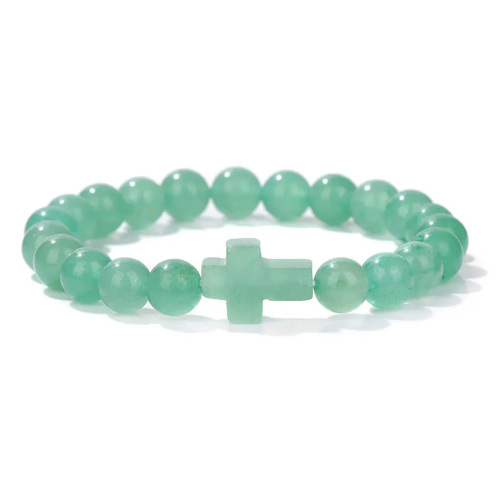 Fashion Jesus Cross Natural Stone Bracelet 8mm Round Tiger Eye Turquoises Agates Beads Charm Bracelets Women Men Jewelry Gift