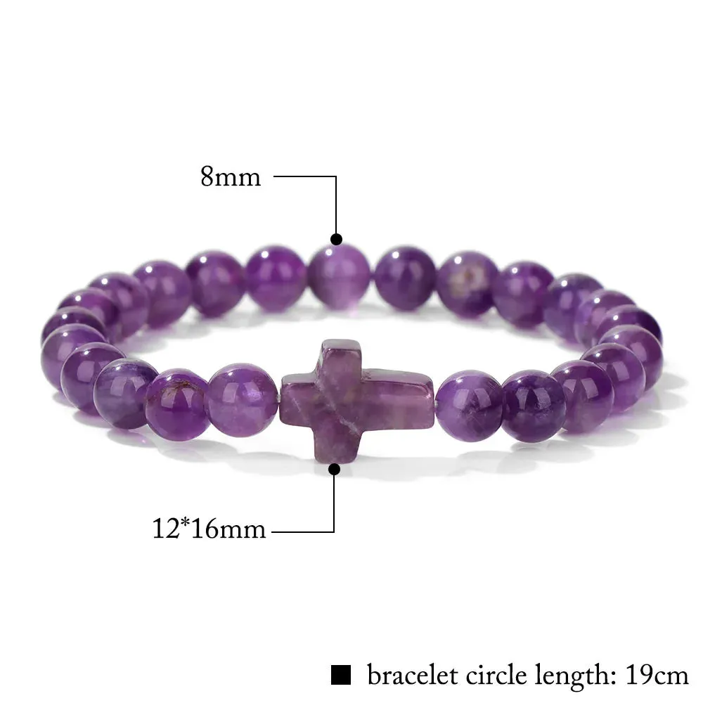 Fashion Jesus Cross Natural Stone Bracelet 8mm Round Tiger Eye Turquoises Agates Beads Charm Bracelets Women Men Jewelry Gift