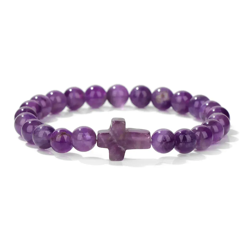 Fashion Jesus Cross Natural Stone Bracelet 8mm Round Tiger Eye Turquoises Agates Beads Charm Bracelets Women Men Jewelry Gift