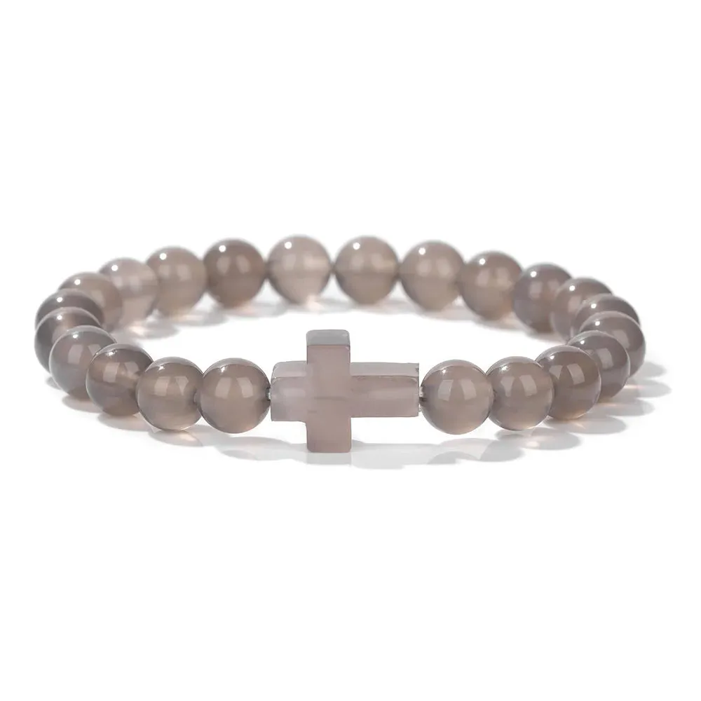 Fashion Jesus Cross Natural Stone Bracelet 8mm Round Tiger Eye Turquoises Agates Beads Charm Bracelets Women Men Jewelry Gift