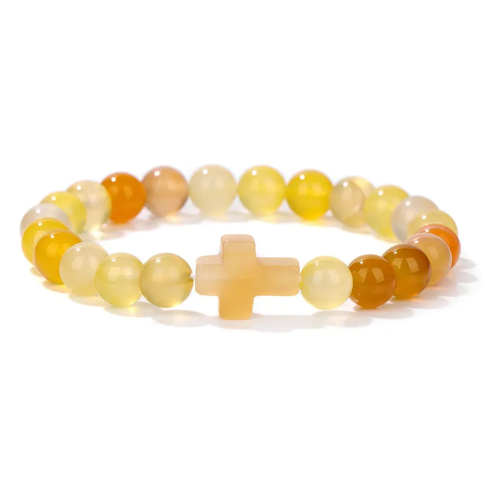 Fashion Jesus Cross Natural Stone Bracelet 8mm Round Tiger Eye Turquoises Agates Beads Charm Bracelets Women Men Jewelry Gift